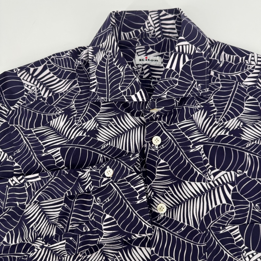Kiton Mens Purple Size 41 White Leaf Print Cotton Button Down Shirt READ
